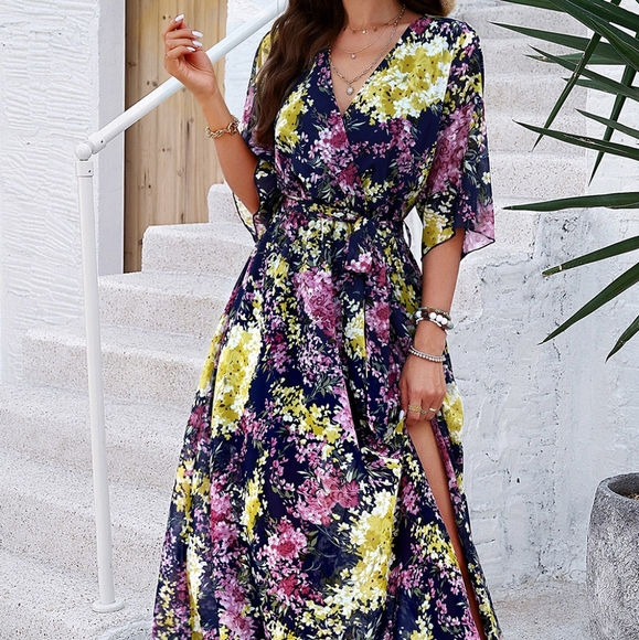 Blue Printed Half Slit Dress - Picture 4 of 11